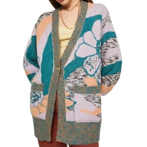 Free People August Orchid Teal Combo Chunky Knit Wool Oversized Cardigan - Picture 2 of 9